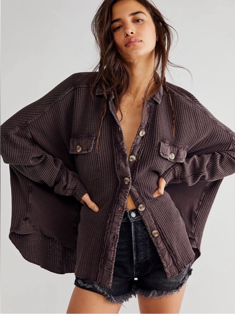 FREE PEOPLE FP One Scout Gray Cotton Button Up Thermal Jacket